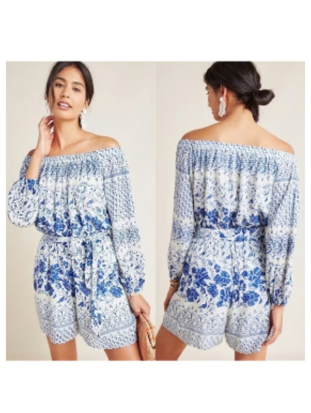 Anthropologie Clemente  Off-the-shoulder Romper Small Blue White Block Print